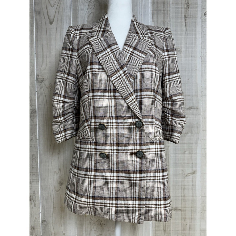 Veronica Beard Viva Plaid Dickey Jacket Blazer Sz 8 Linen Cotton Ruched Sleeve